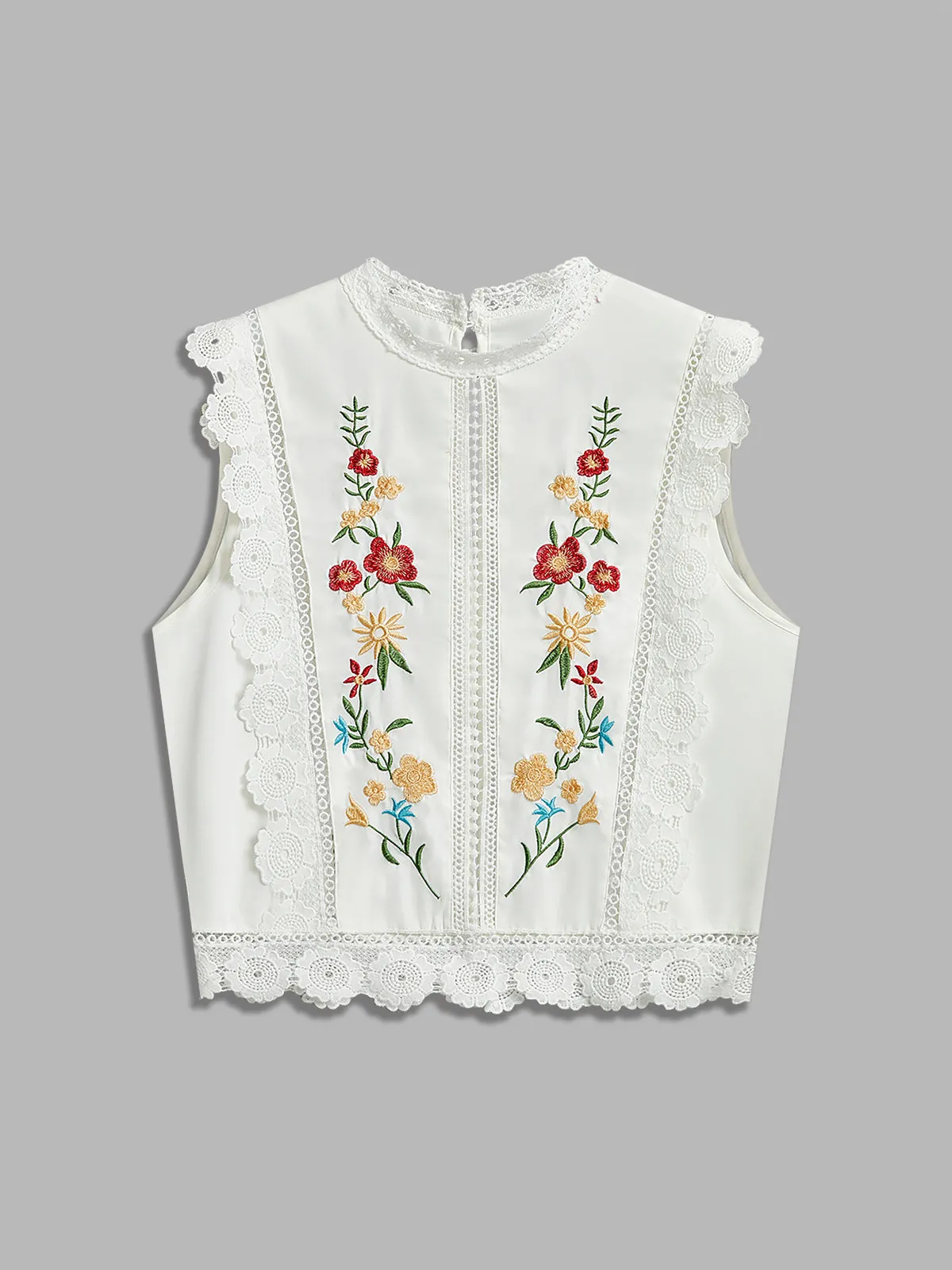 Floral Embroidery Lace Trim Sleeveless Blouse sold by COMMENSE