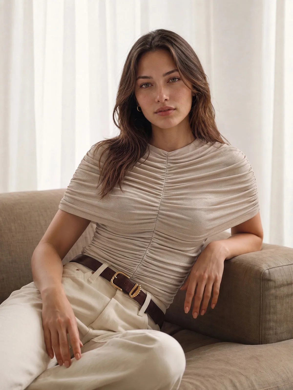 Draped Cape Ruched Slim Top sold by COMMENSE