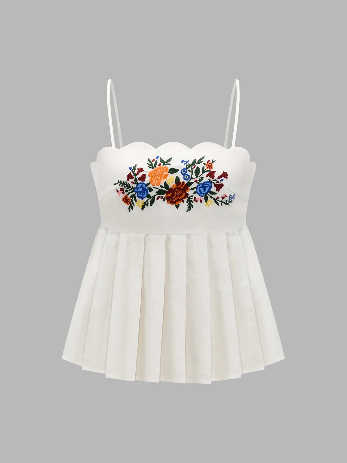 Floral Embroidery Pleated Cotton Linen Cami Top sold by COMMENSE product image thumbnail 2