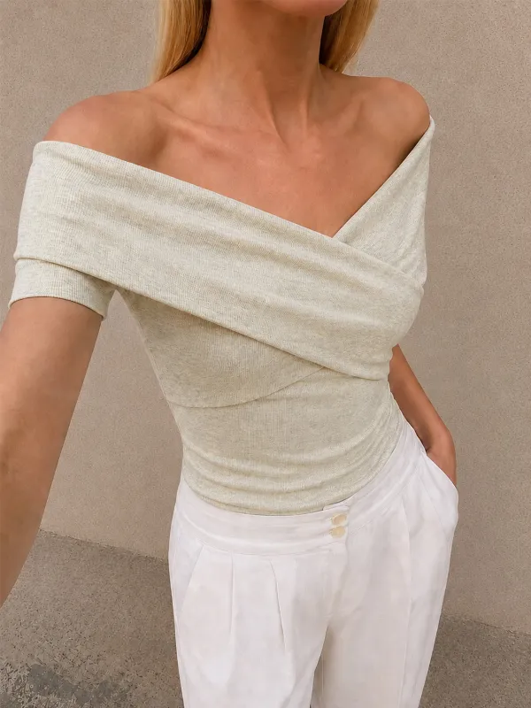 Wrap Off Shoulder Ribbed Fitted Top made by COMMENSE