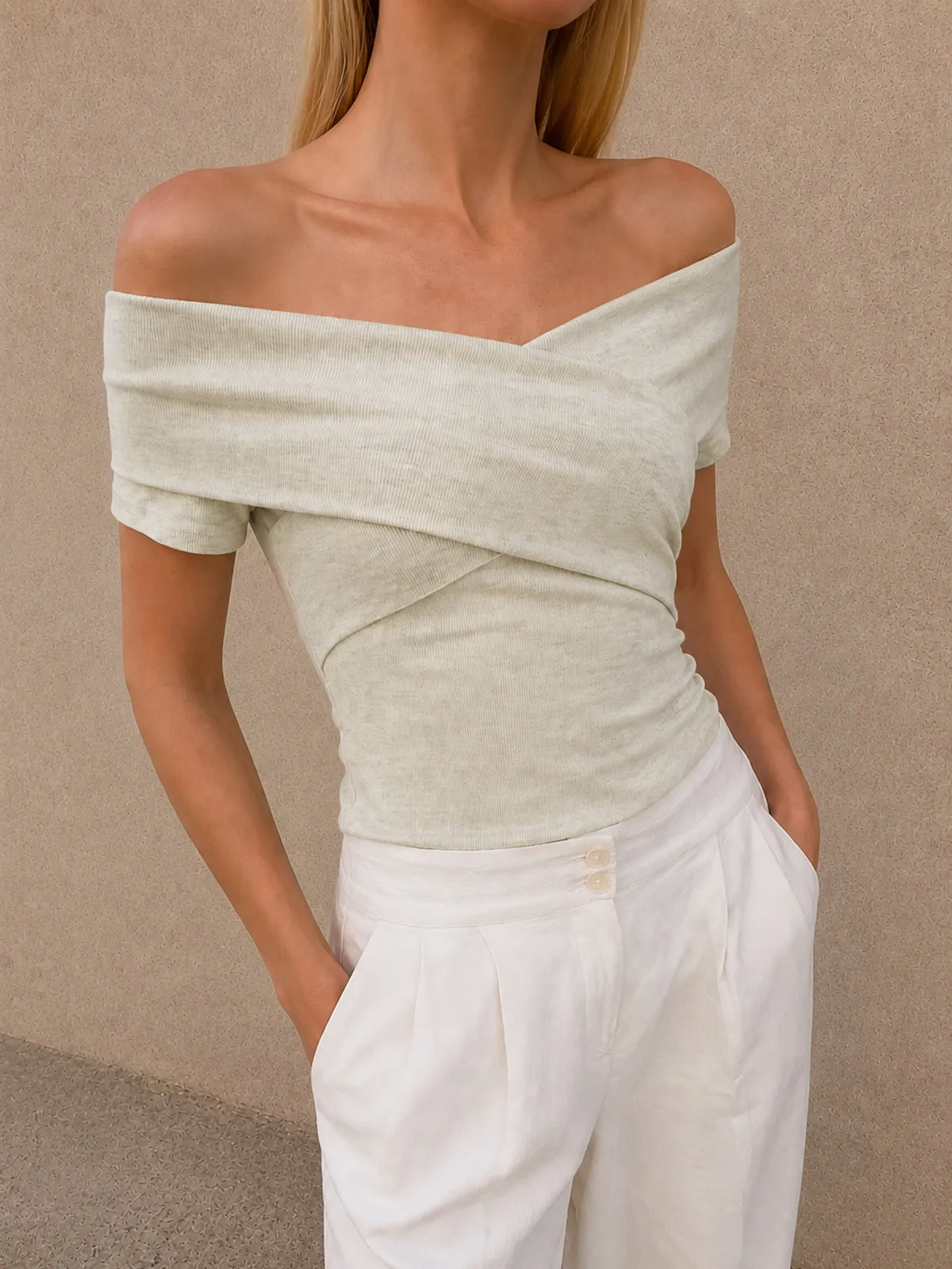 Wrap Off Shoulder Ribbed Fitted Top sold by COMMENSE product image thumbnail 2
