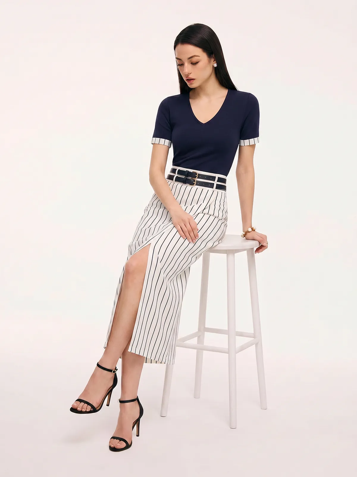 Striped Cuff V-Neck Fitted Top sold by COMMENSE