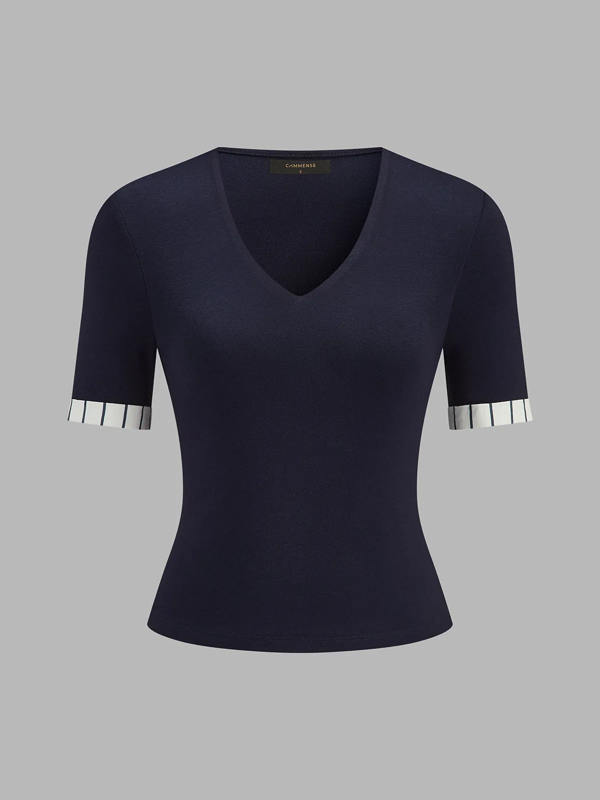 Striped Cuff V-Neck Fitted Top sold by COMMENSE product image thumbnail 2