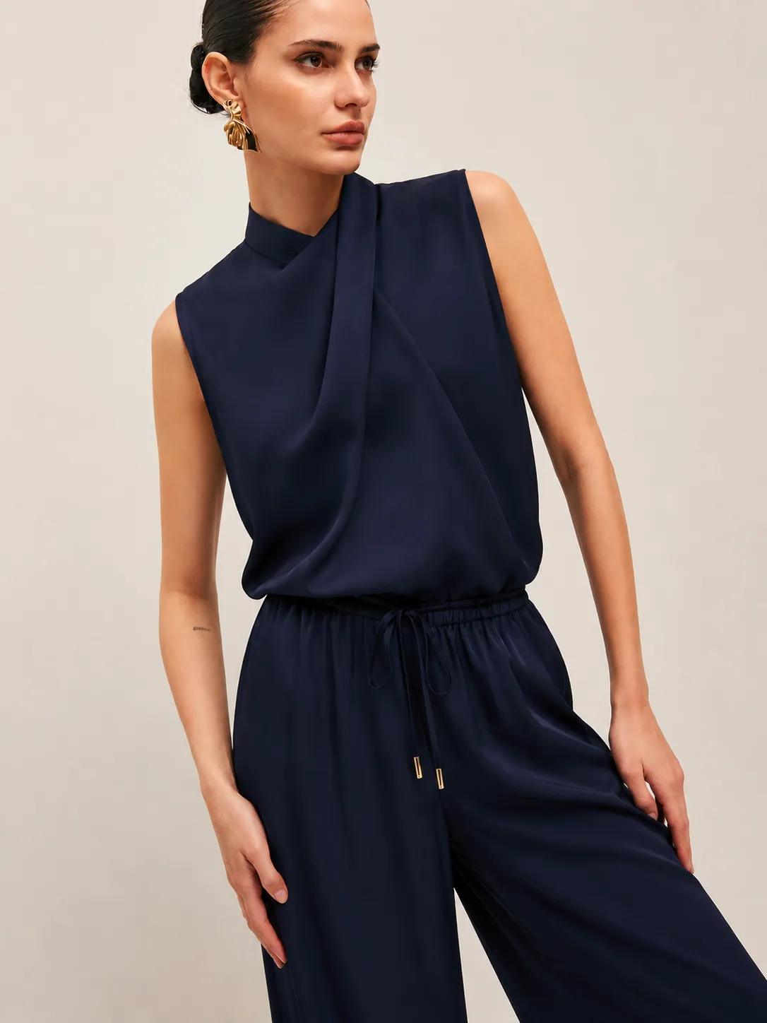 Satin Drape Neck Top & Drawstring Pants Set sold by COMMENSE
