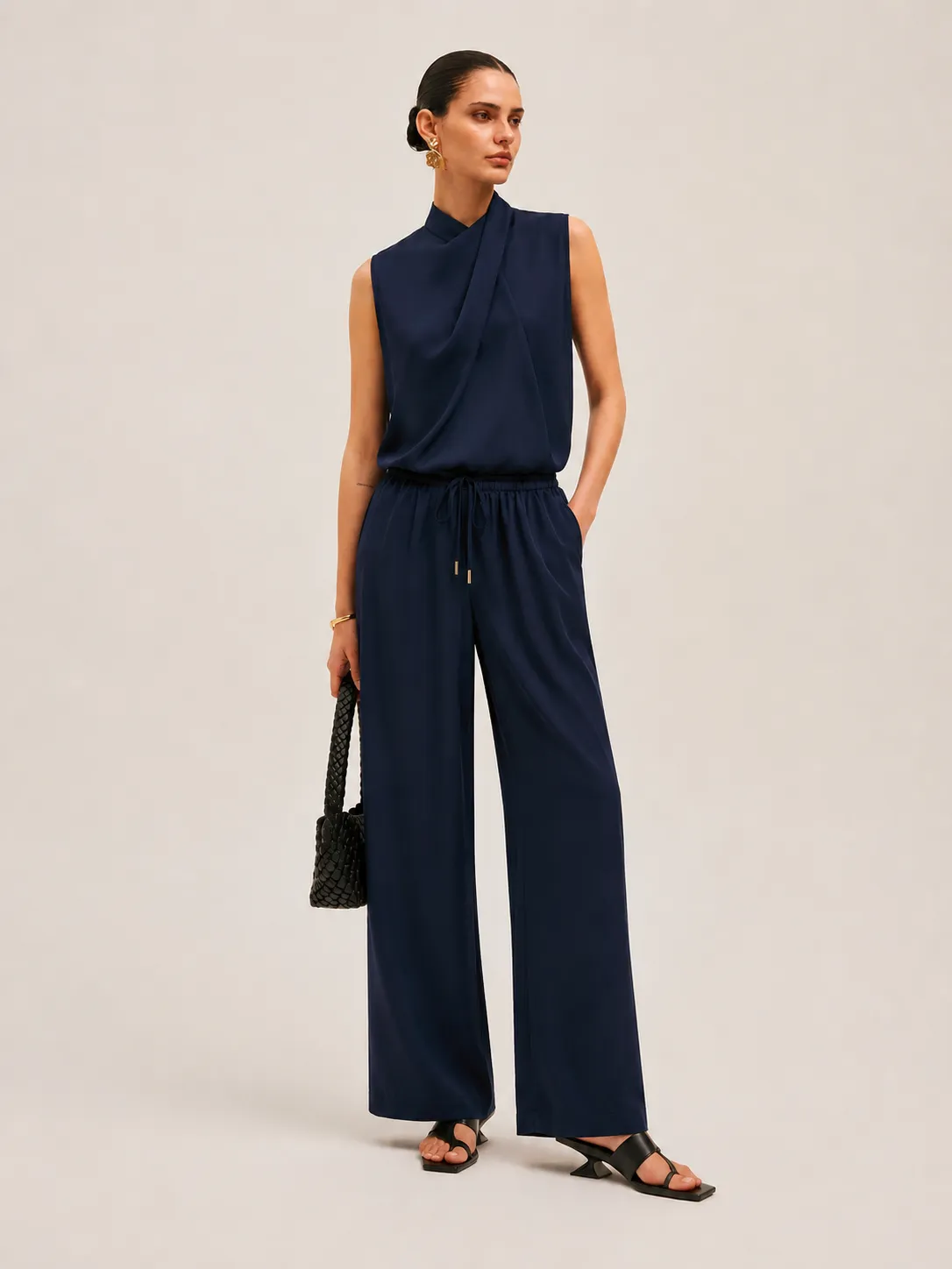 Satin Drape Neck Top & Drawstring Pants Set sold by COMMENSE product image thumbnail 2