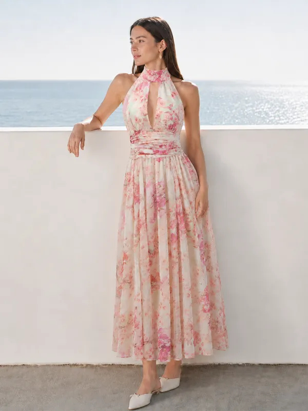 Floral Halter Keyhole Maxi Dress made by COMMENSE
