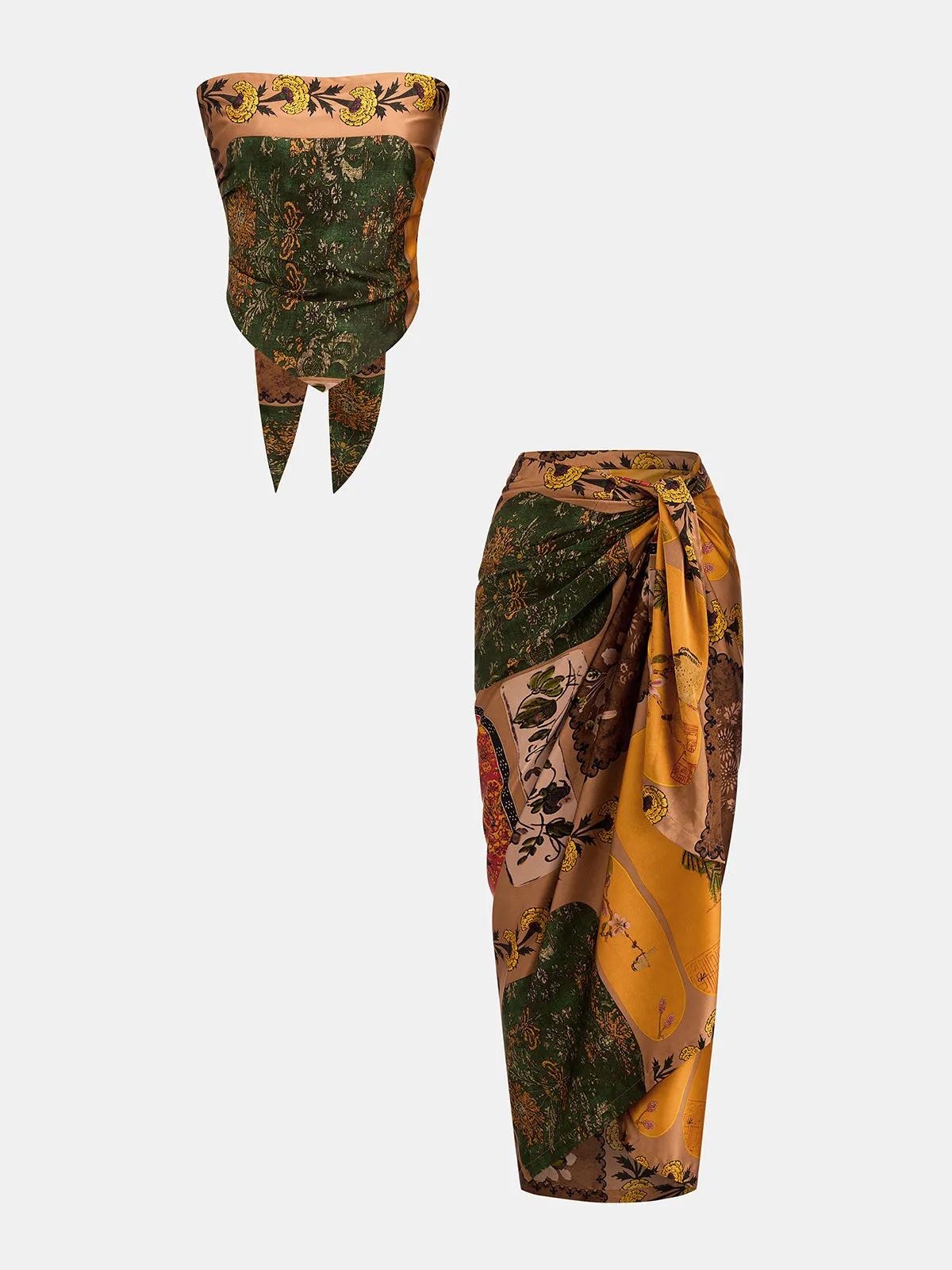 Scarf Print Bandeau Top & Wrap Midi Skirt Set sold by COMMENSE