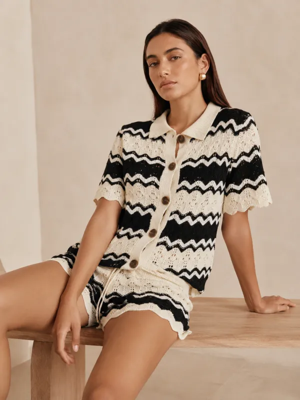 Wave Knit Button-Up Cardigan & Shorts Set made by COMMENSE