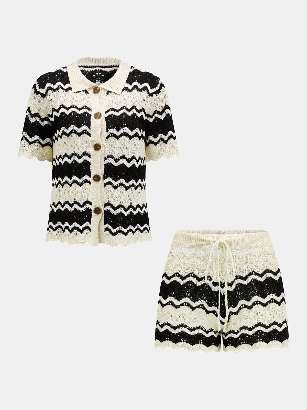 Wave Knit Button-Up Cardigan & Shorts Set sold by COMMENSE product image thumbnail 3