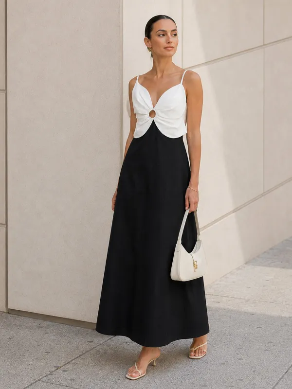 Color Block Ring Cutout Slip Midi Dress made by COMMENSE
