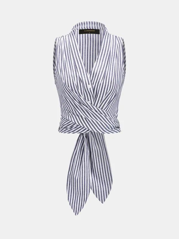 Wrap Tie Back Striped Sleeveless Shirt made by COMMENSE