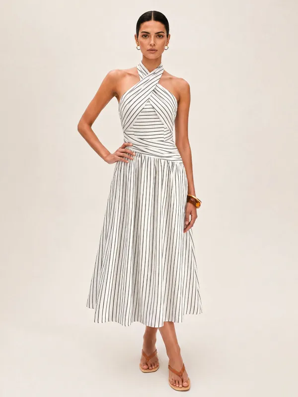 Crisscross Halter Striped Cotton Maxi Dress made by COMMENSE