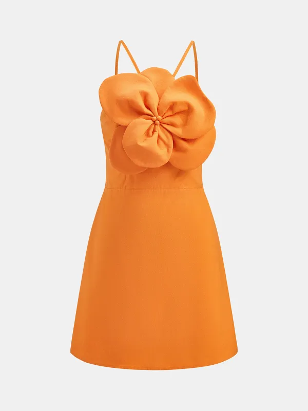 3D Flower Cotton Linen Slip Mini Dress made by COMMENSE