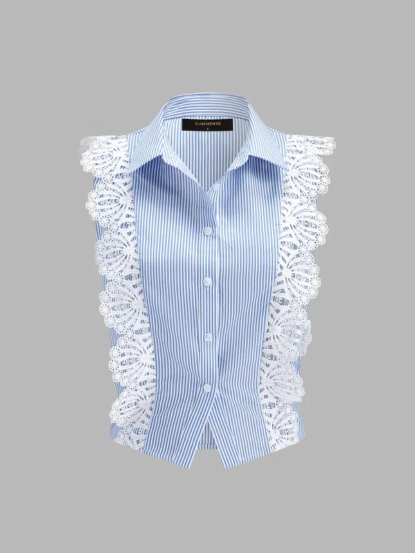 Lace Trim Striped Sleeveless Collared Shirt made by COMMENSE