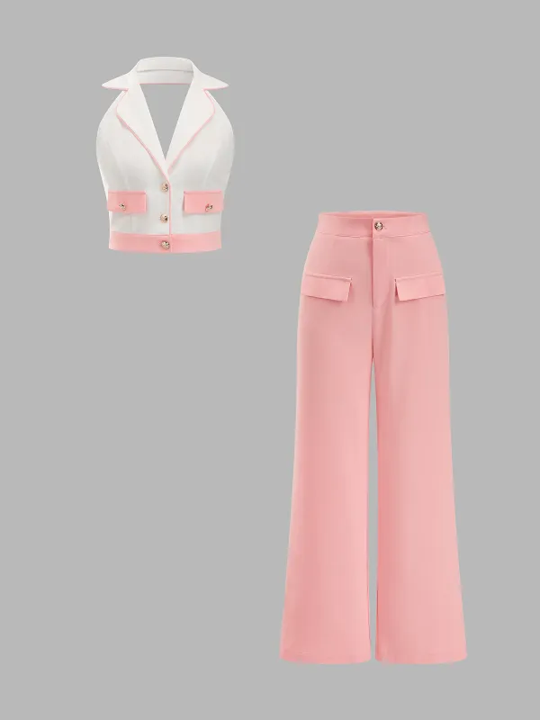 Lapel Halter Top & Wide Leg Pants Set made by COMMENSE