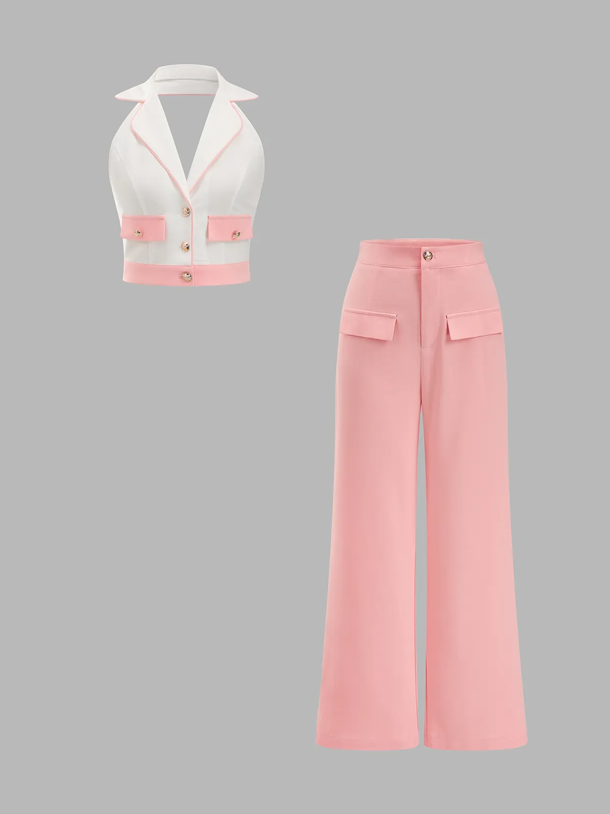 Lapel Halter Top & Wide Leg Pants Set sold by COMMENSE