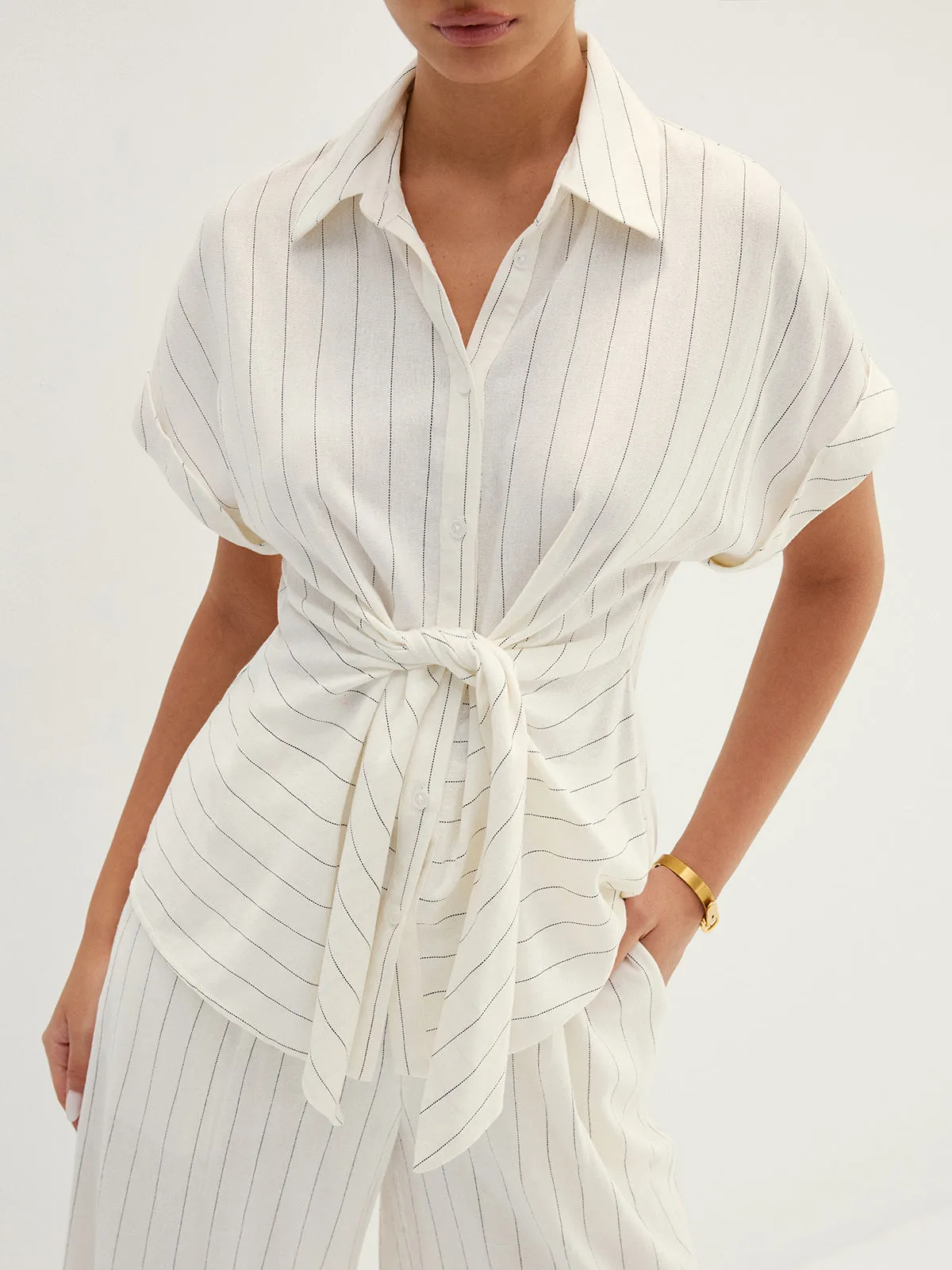 Striped Tie Waist Shirt & Wide Leg Pant Set sold by COMMENSE product image thumbnail 4