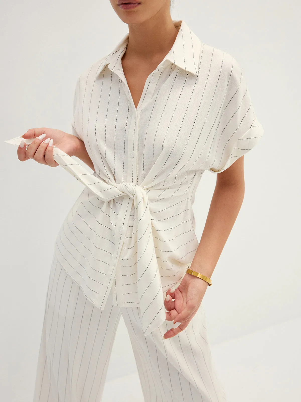 Striped Tie Waist Shirt & Wide Leg Pant Set sold by COMMENSE product image thumbnail 5