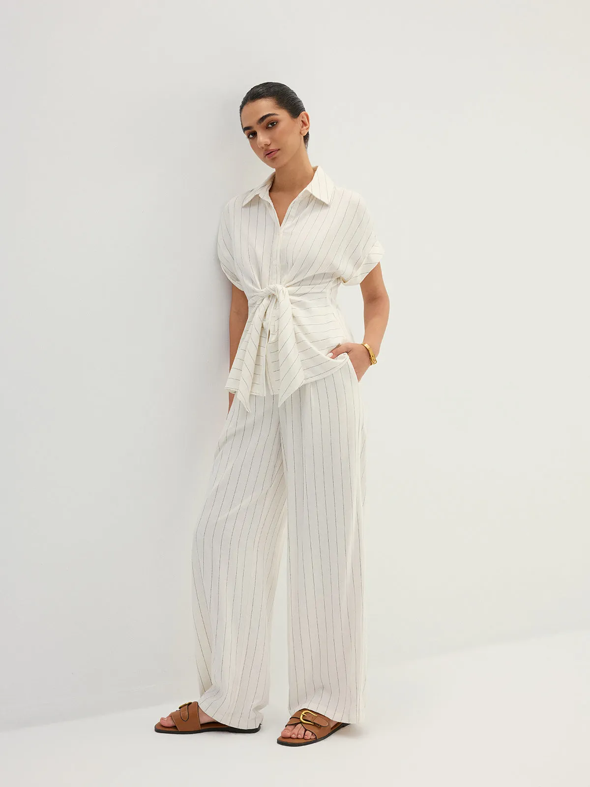 Striped Tie Waist Shirt & Wide Leg Pant Set sold by COMMENSE product image thumbnail 2