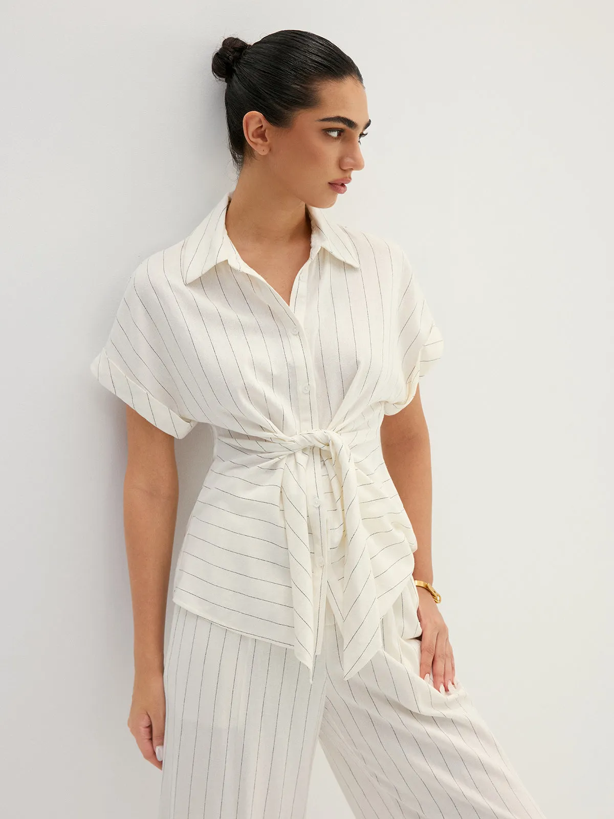 Striped Tie Waist Shirt & Wide Leg Pant Set sold by COMMENSE product image thumbnail 3