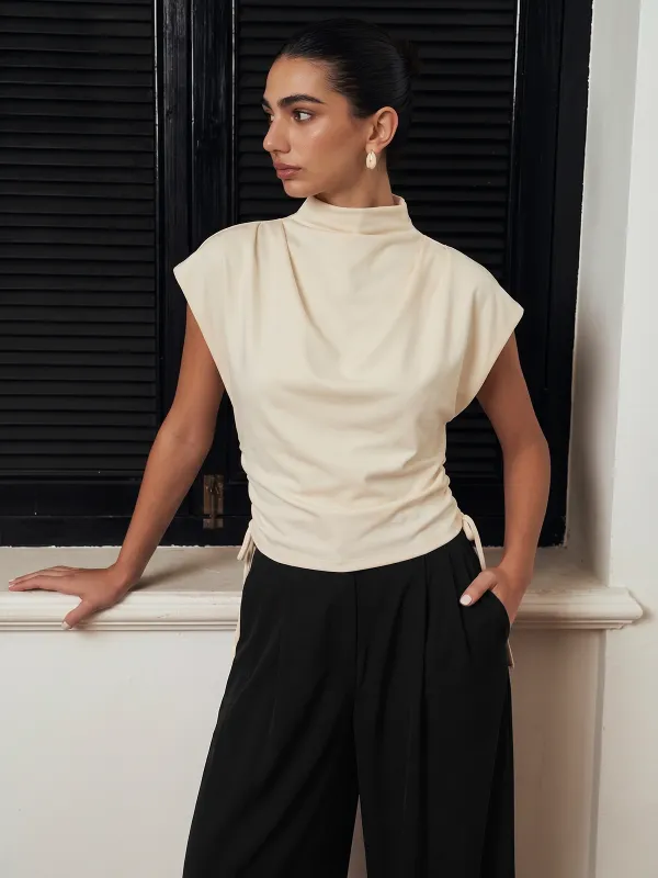 Draped Side Drawstring Cap Sleeve Top made by COMMENSE