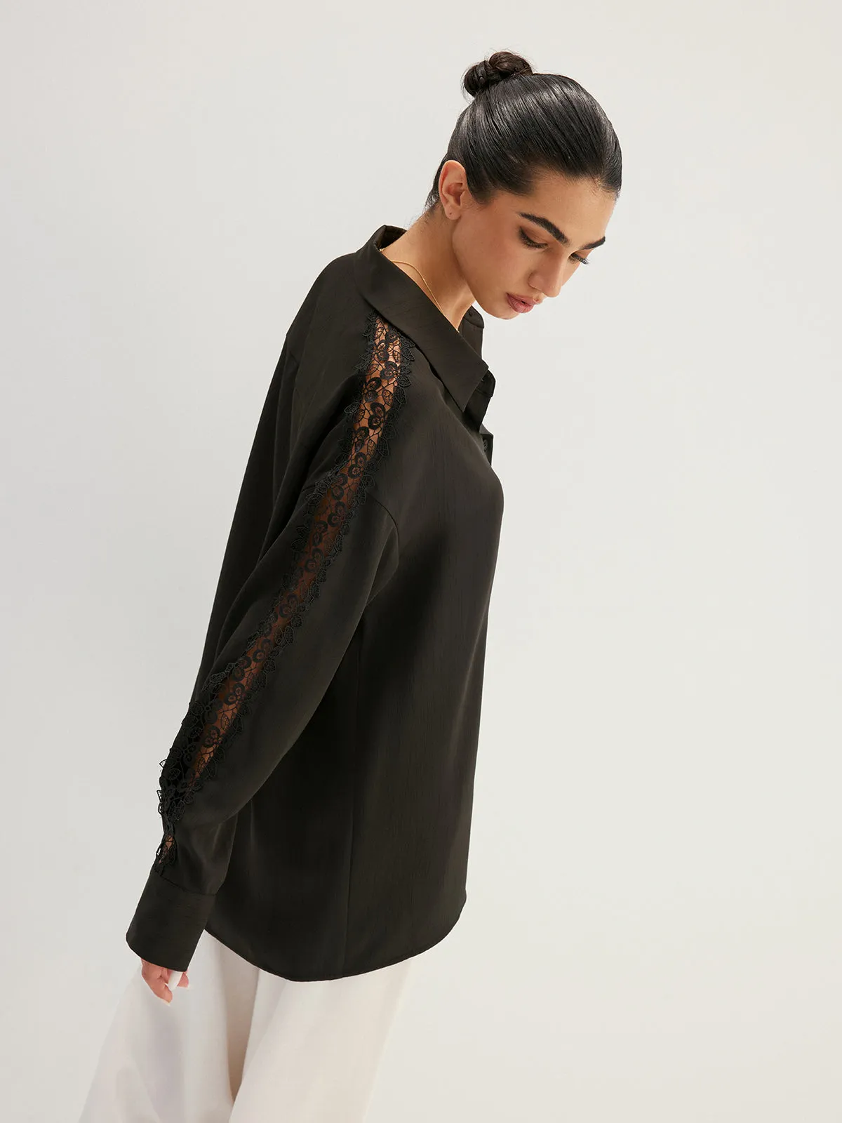 Lace Hollow Sleeve Button Down Shirt sold by COMMENSE product image thumbnail 5