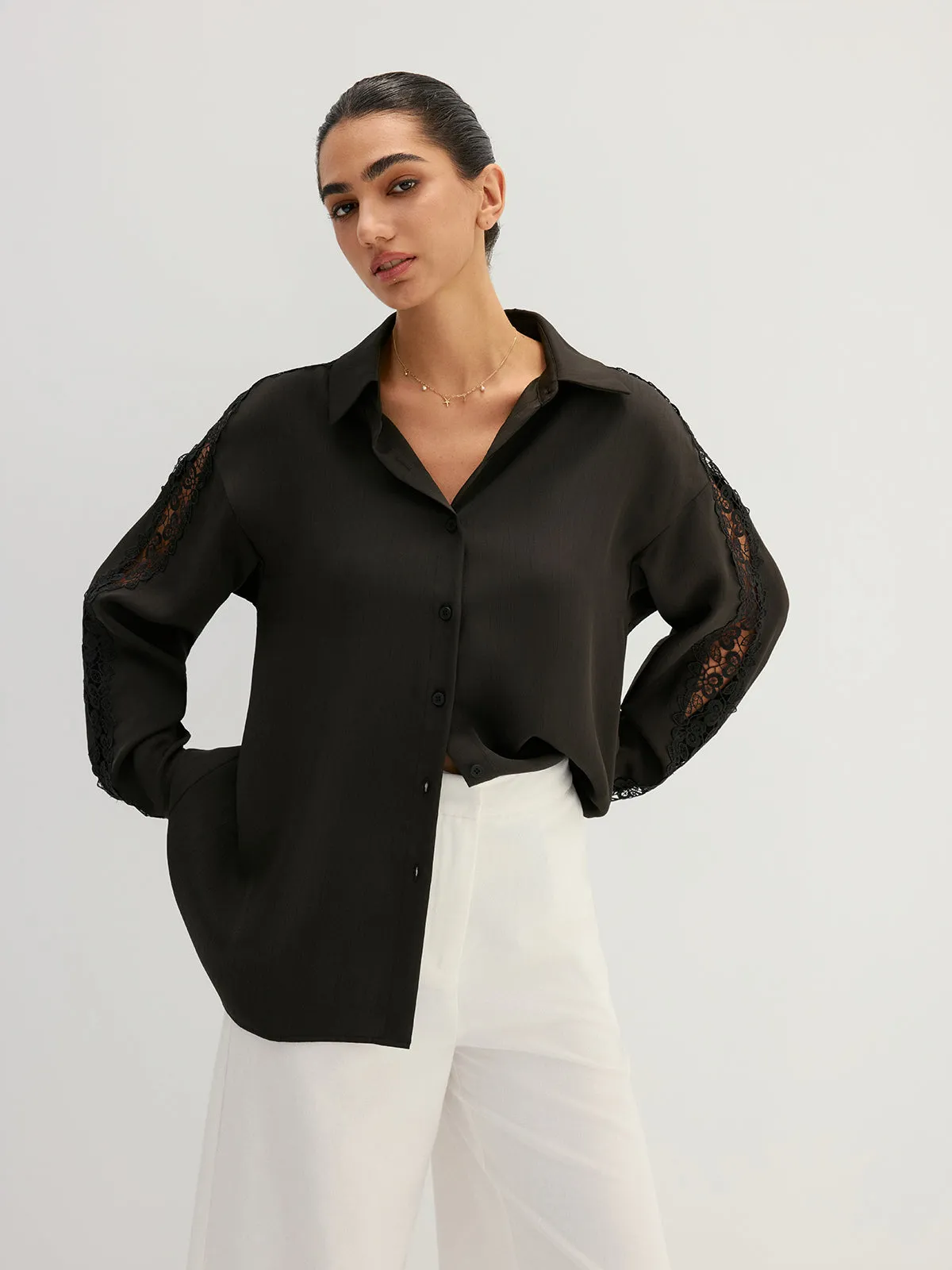 Lace Hollow Sleeve Button Down Shirt sold by COMMENSE product image thumbnail 2