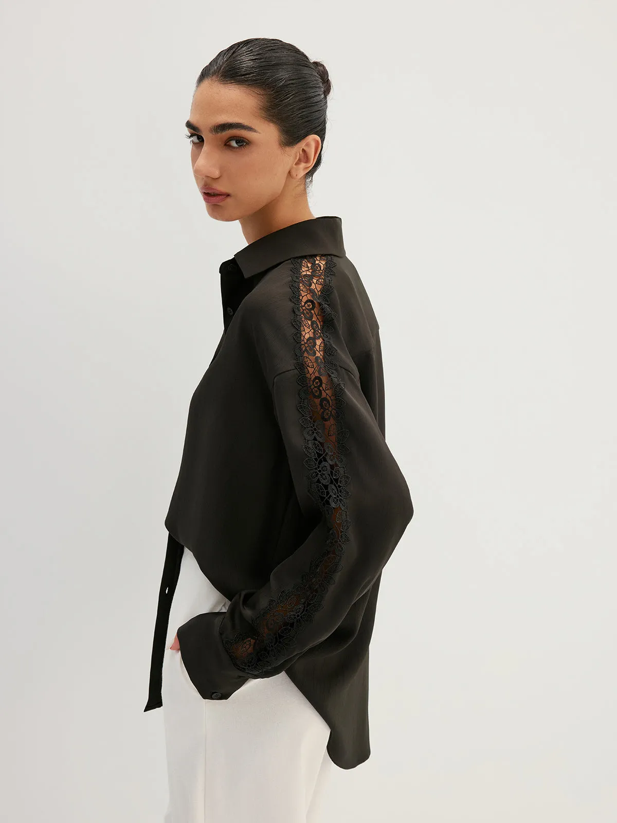 Lace Hollow Sleeve Button Down Shirt sold by COMMENSE product image thumbnail 3