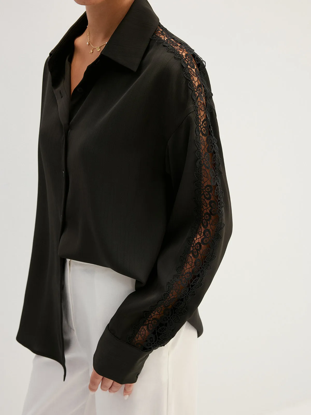 Lace Hollow Sleeve Button Down Shirt sold by COMMENSE product image thumbnail 4