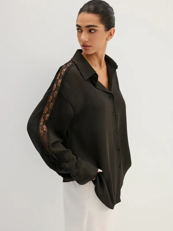 Lace Hollow Sleeve Button Down Shirt made by COMMENSE
