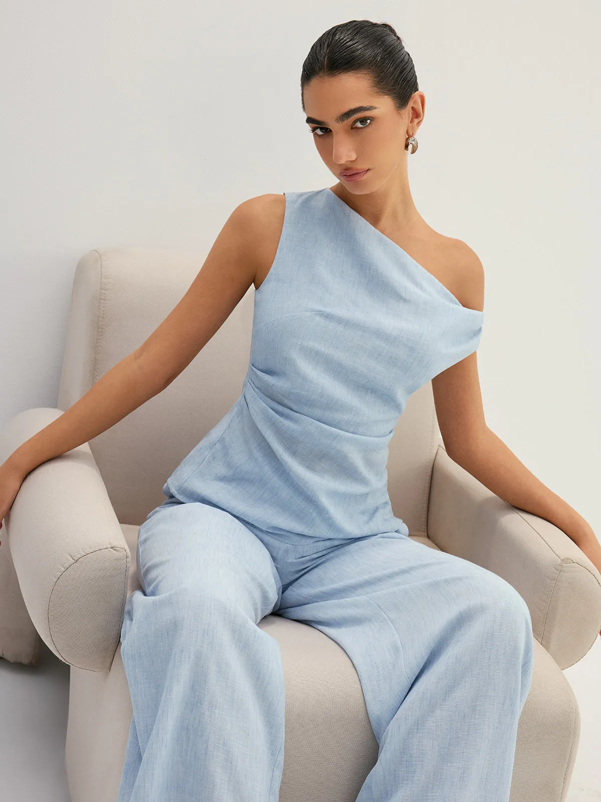 Linen-Like One Shoulder Top & Pants Set sold by COMMENSE product image thumbnail 4