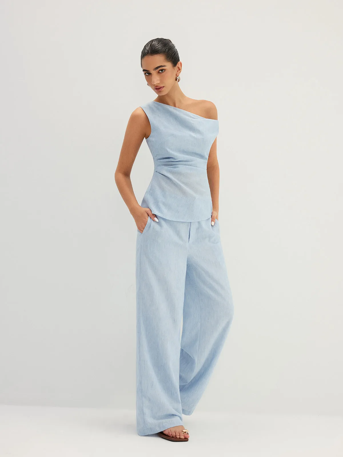 Linen-Like One Shoulder Top & Pants Set sold by COMMENSE