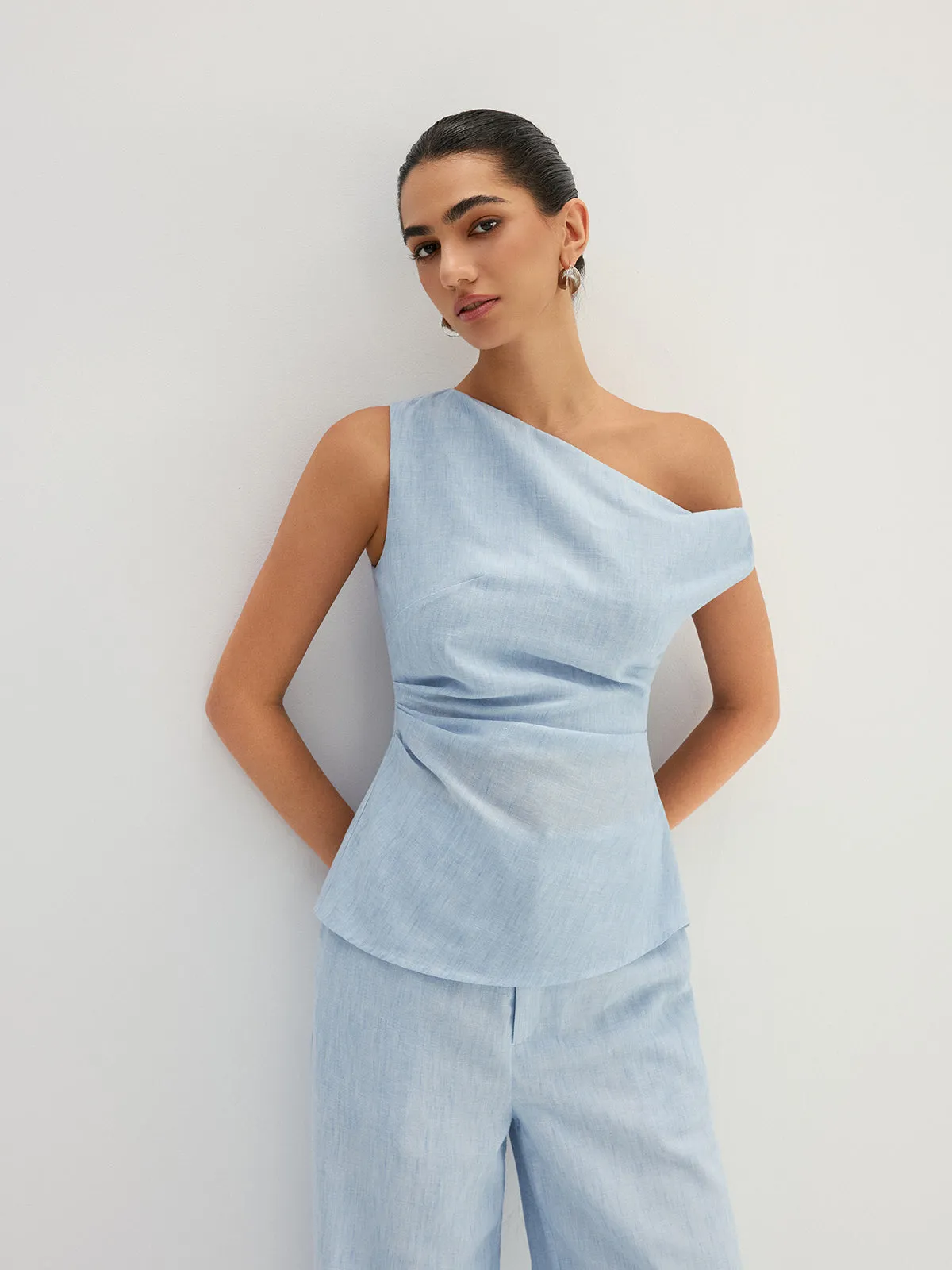 Linen-Like One Shoulder Top & Pants Set sold by COMMENSE product image thumbnail 2