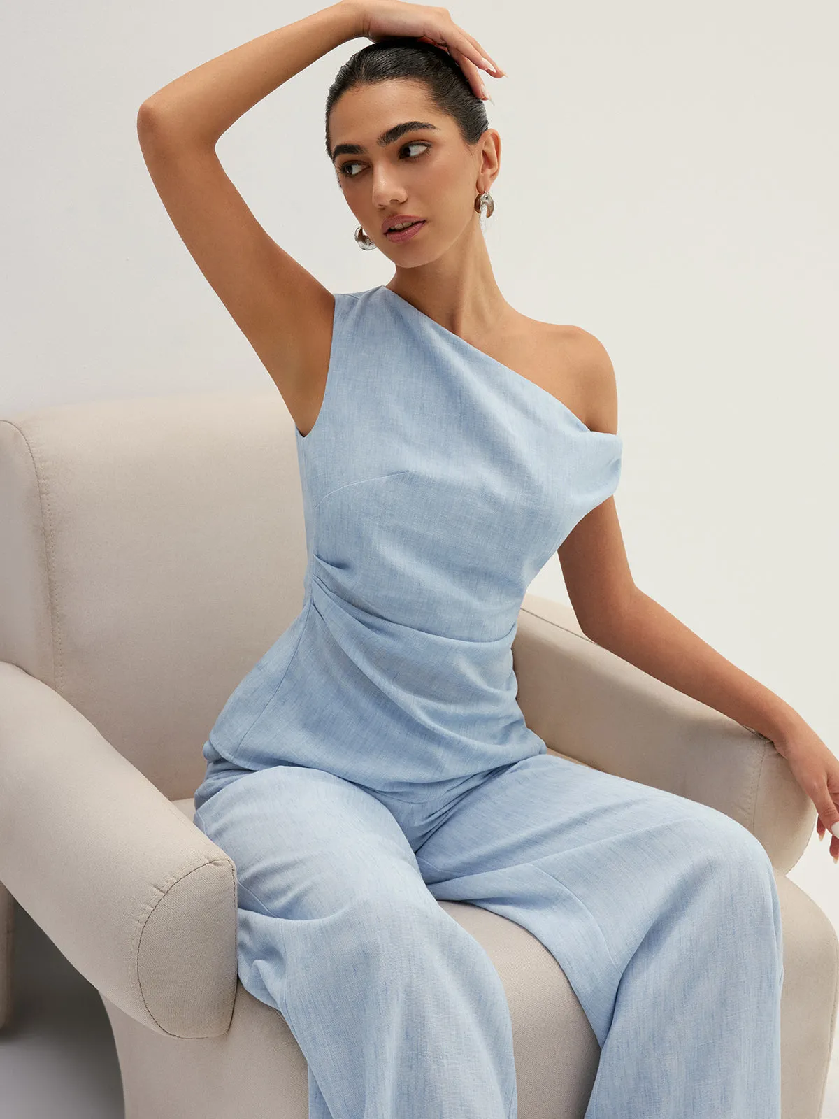 Linen-Like One Shoulder Top & Pants Set sold by COMMENSE product image thumbnail 3