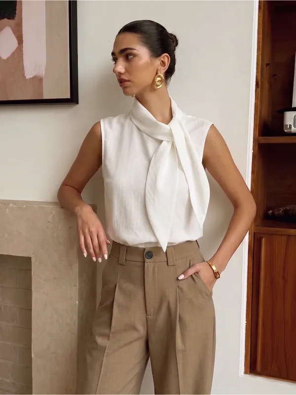 Tie Neck Sleeveless Tencel Blouse made by COMMENSE