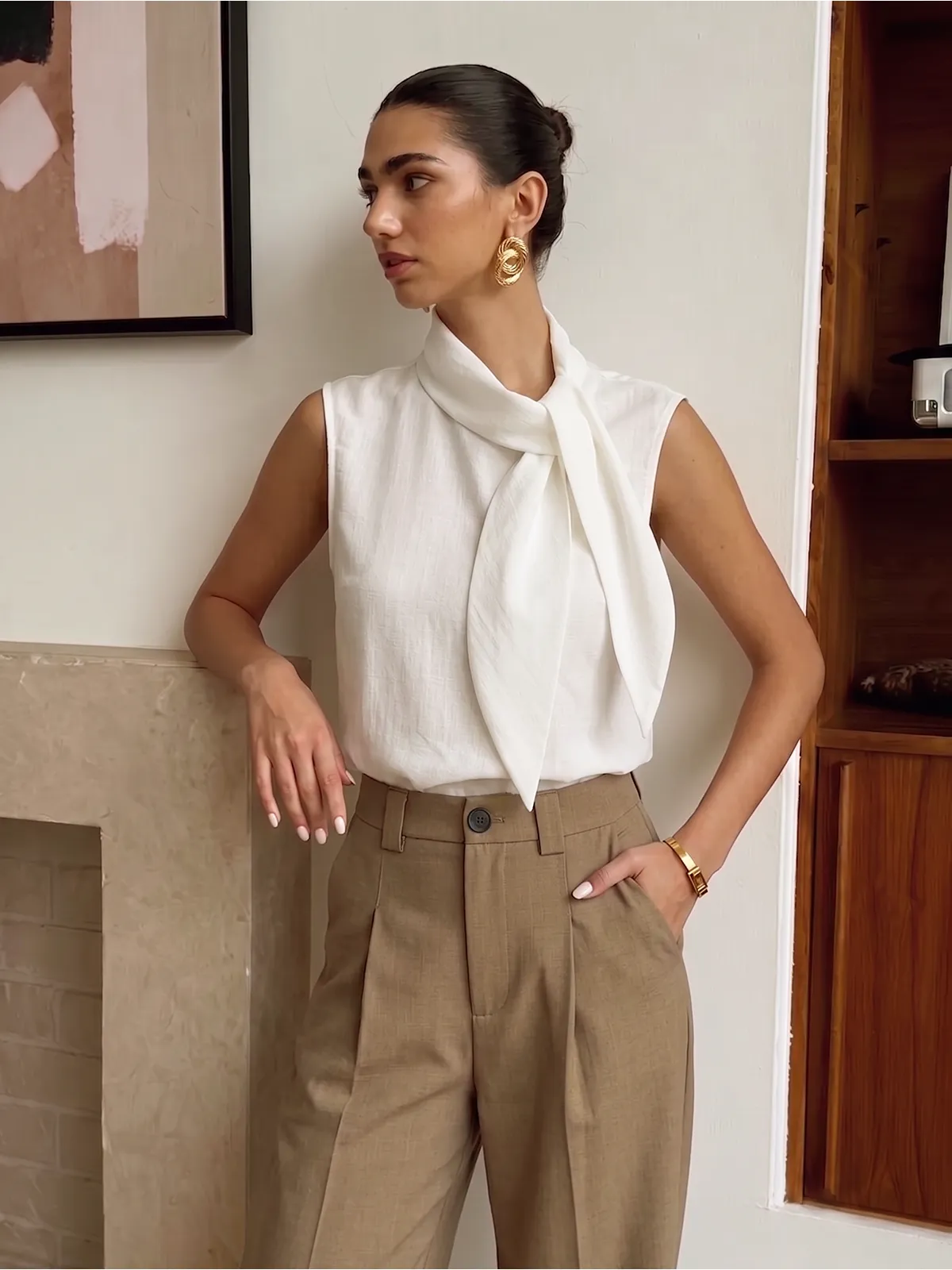 Tie Neck Sleeveless Tencel Blouse sold by COMMENSE