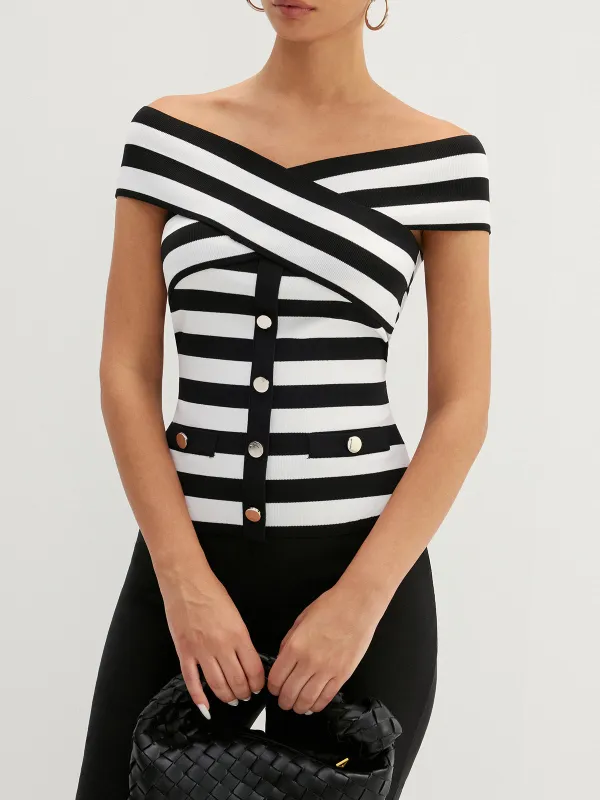 Striped Cross Off Shoulder Knit Top made by COMMENSE