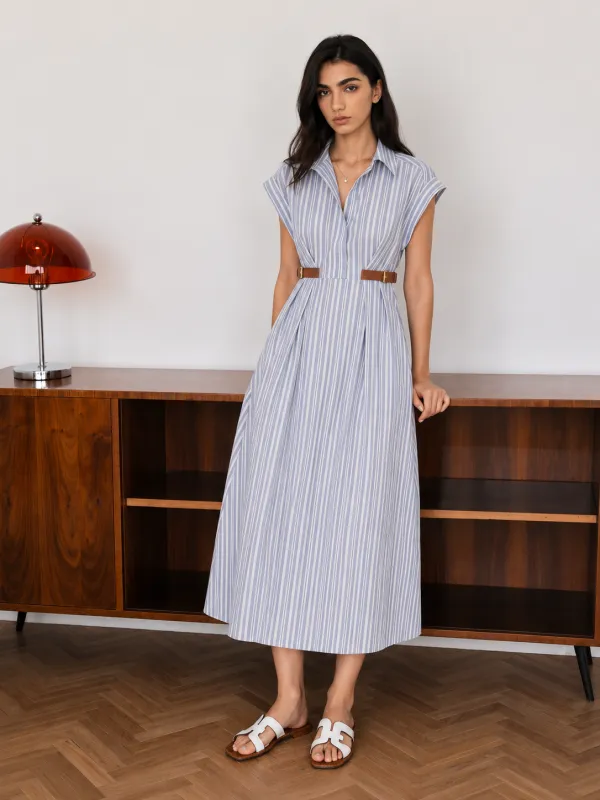 Striped Buckle Detail Cotton Shirt Dress made by COMMENSE