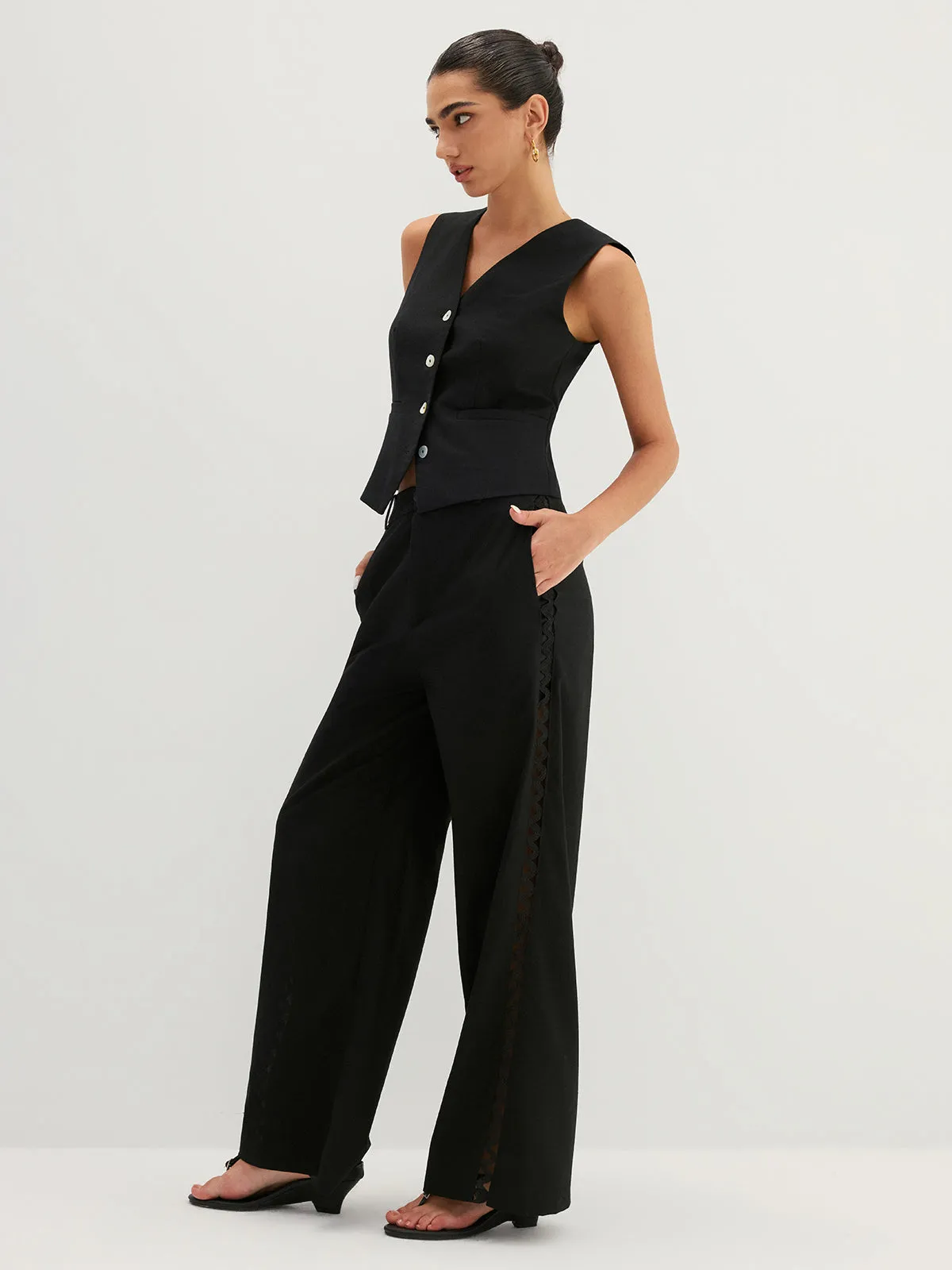 Linen Blend Hollow Out Wide Leg Pants sold by COMMENSE product image thumbnail 4