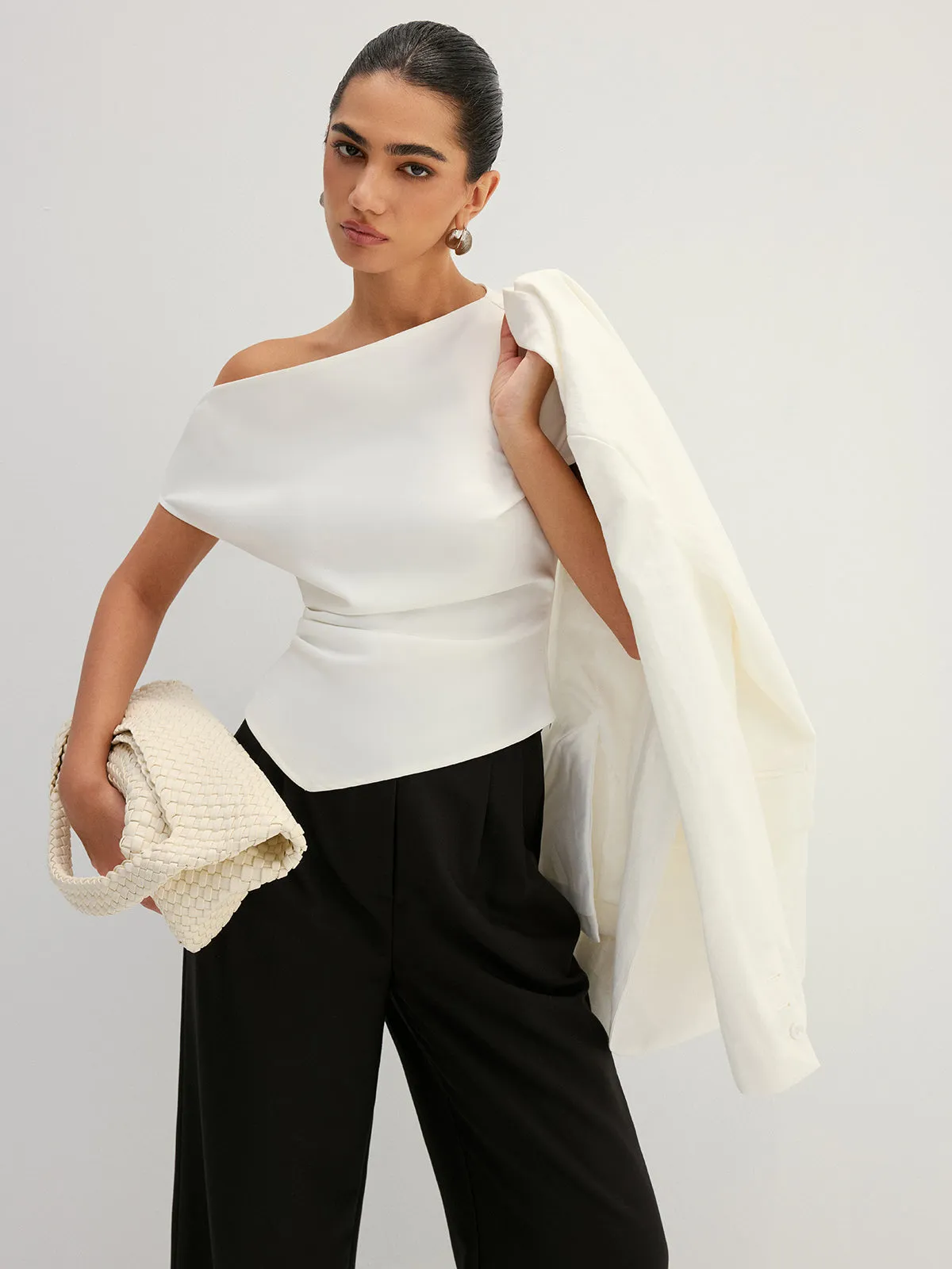 Asymmetric Off Shoulder Ruched Fitted Blouse sold by COMMENSE product image thumbnail 3