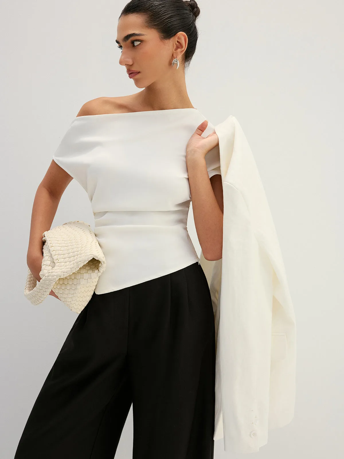 Asymmetric Off Shoulder Ruched Fitted Blouse sold by COMMENSE product image thumbnail 2