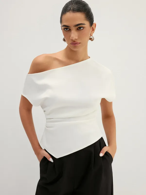 Asymmetric Off Shoulder Ruched Fitted Blouse made by COMMENSE