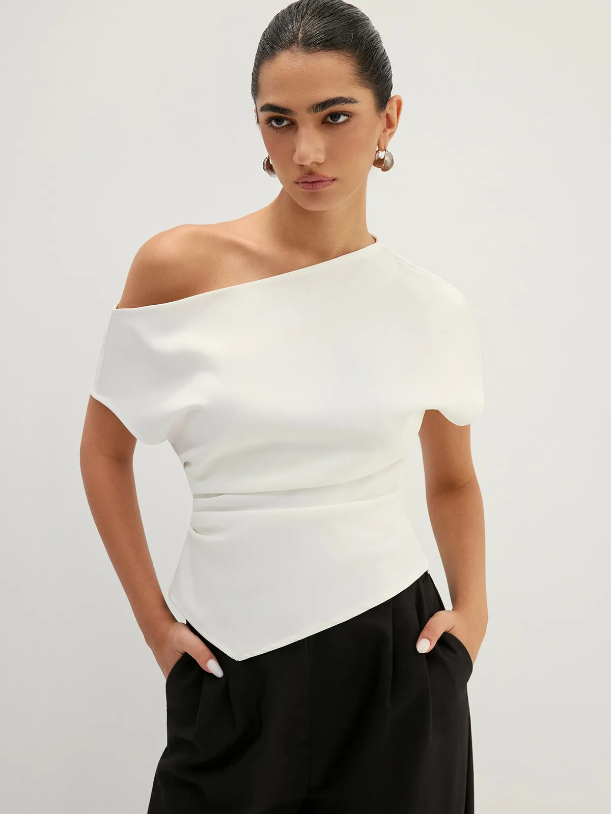 Asymmetric Off Shoulder Ruched Fitted Blouse sold by COMMENSE