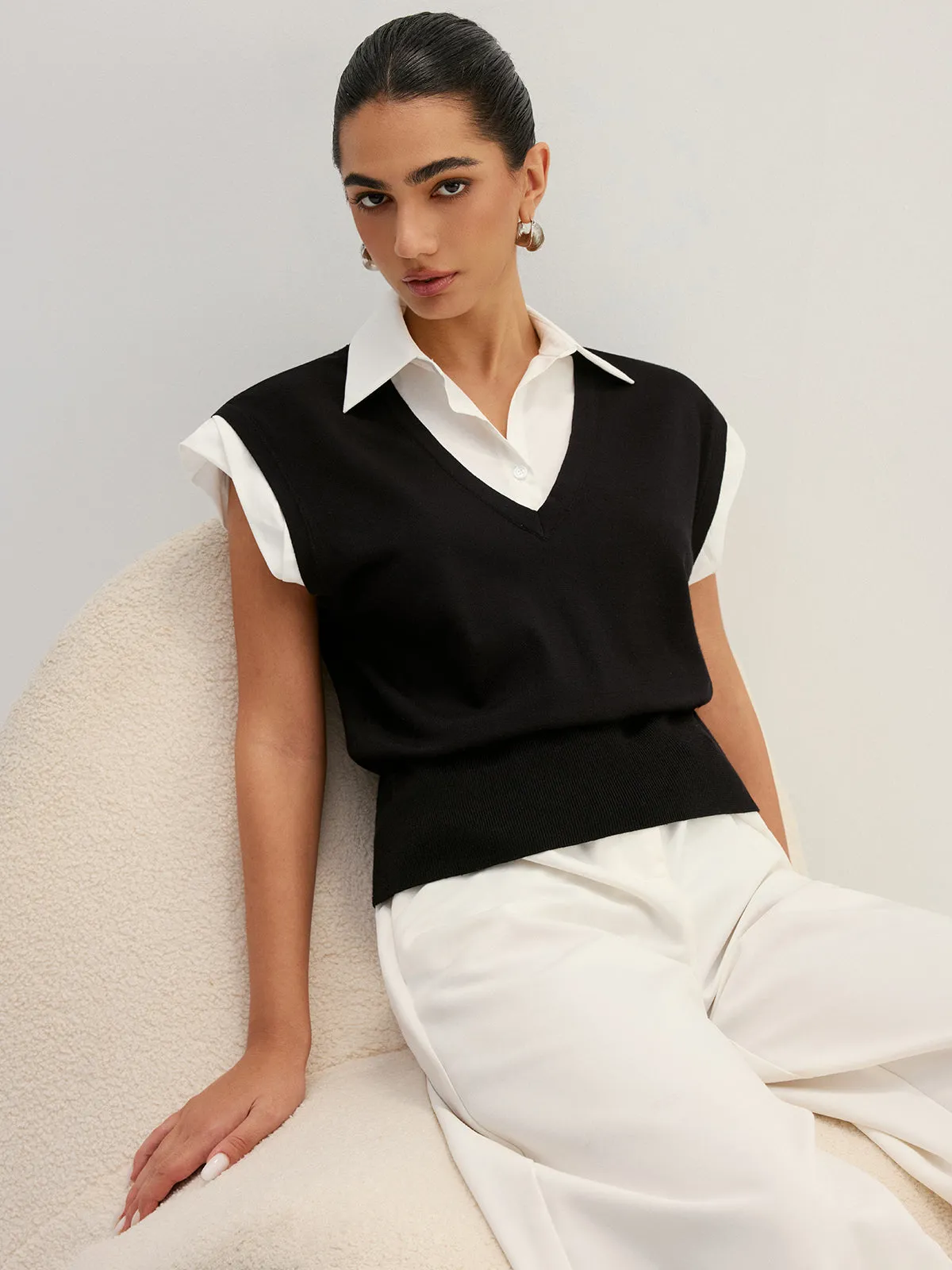 Fake Two Piece Knit Collared Blouse sold by COMMENSE product image thumbnail 4