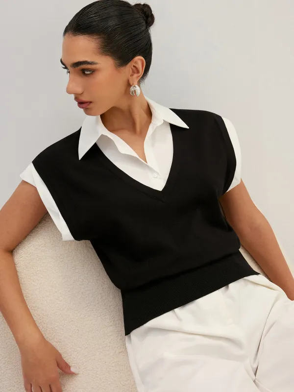 Fake Two Piece Knit Collared Blouse made by COMMENSE
