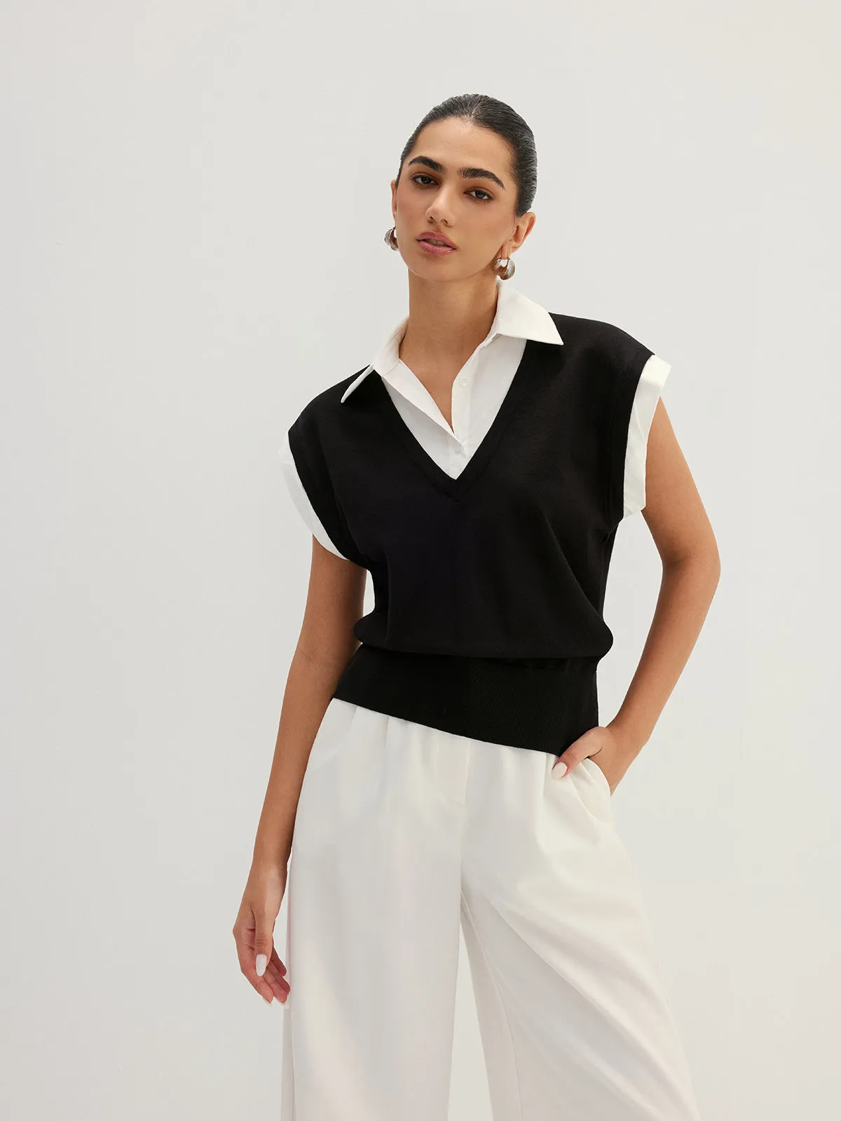 Fake Two Piece Knit Collared Blouse sold by COMMENSE product image thumbnail 2