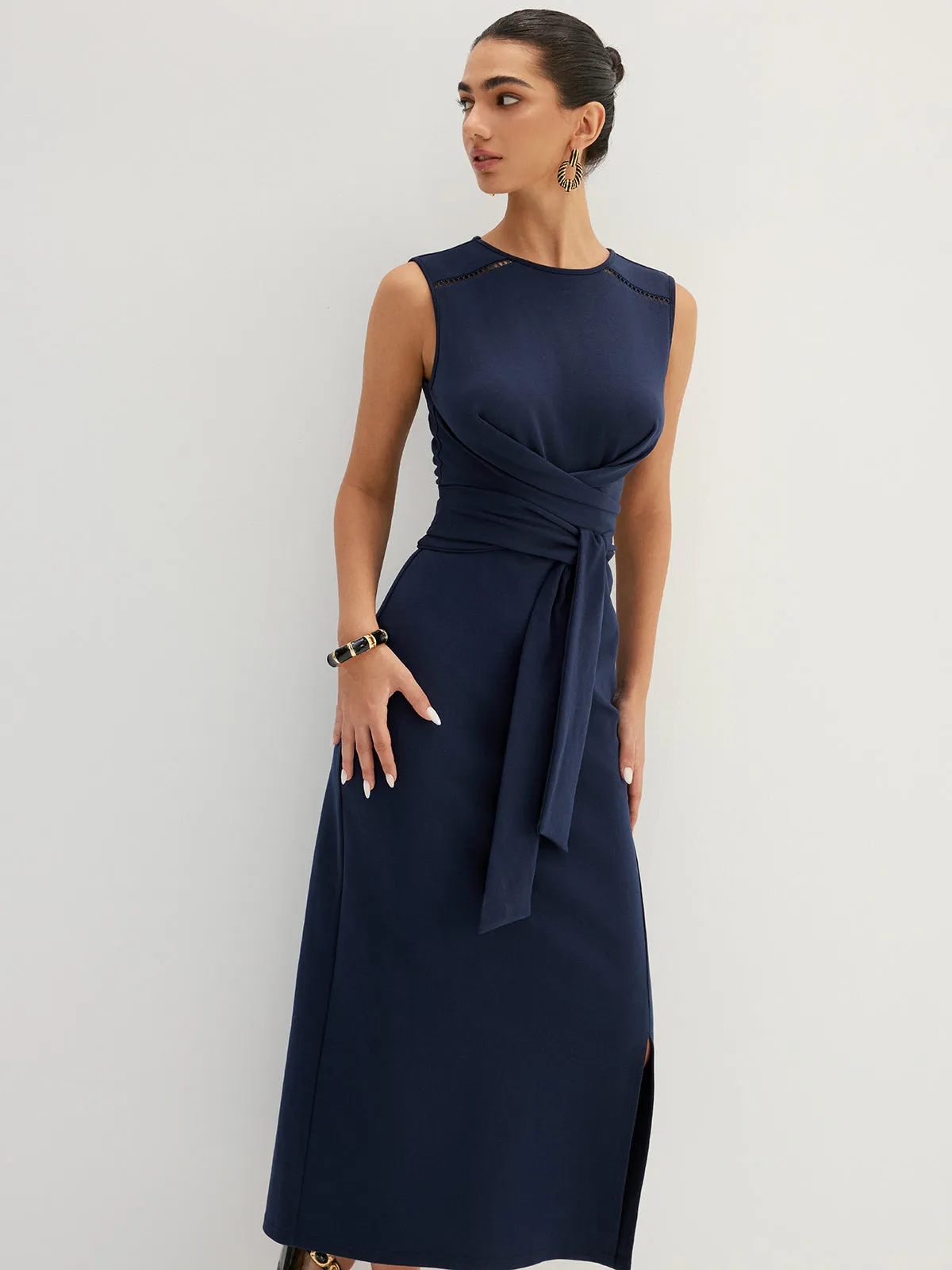 Hollow Out Sleeveless Tie Waist Midi Dress sold by COMMENSE product image thumbnail 5