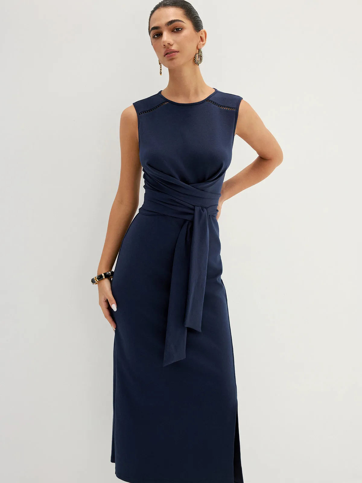 Hollow Out Sleeveless Tie Waist Midi Dress sold by COMMENSE