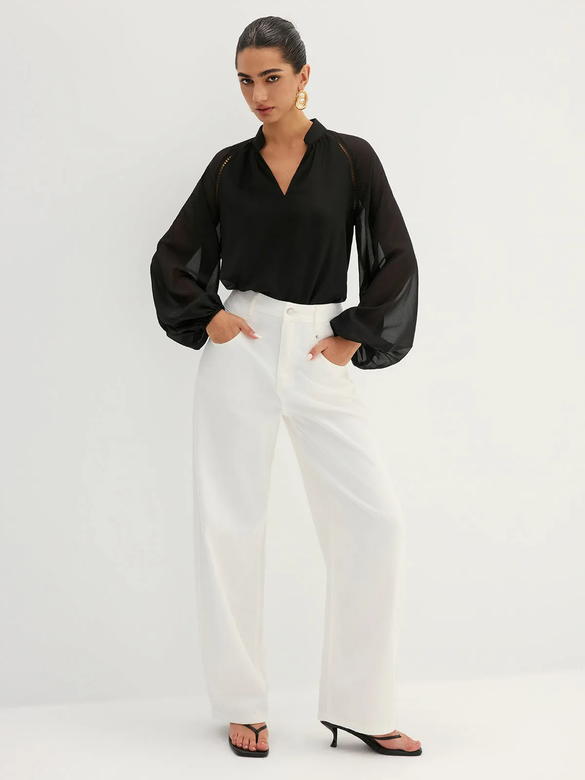 Hollow Out Sheer Sleeve Blouse sold by COMMENSE product image thumbnail 4