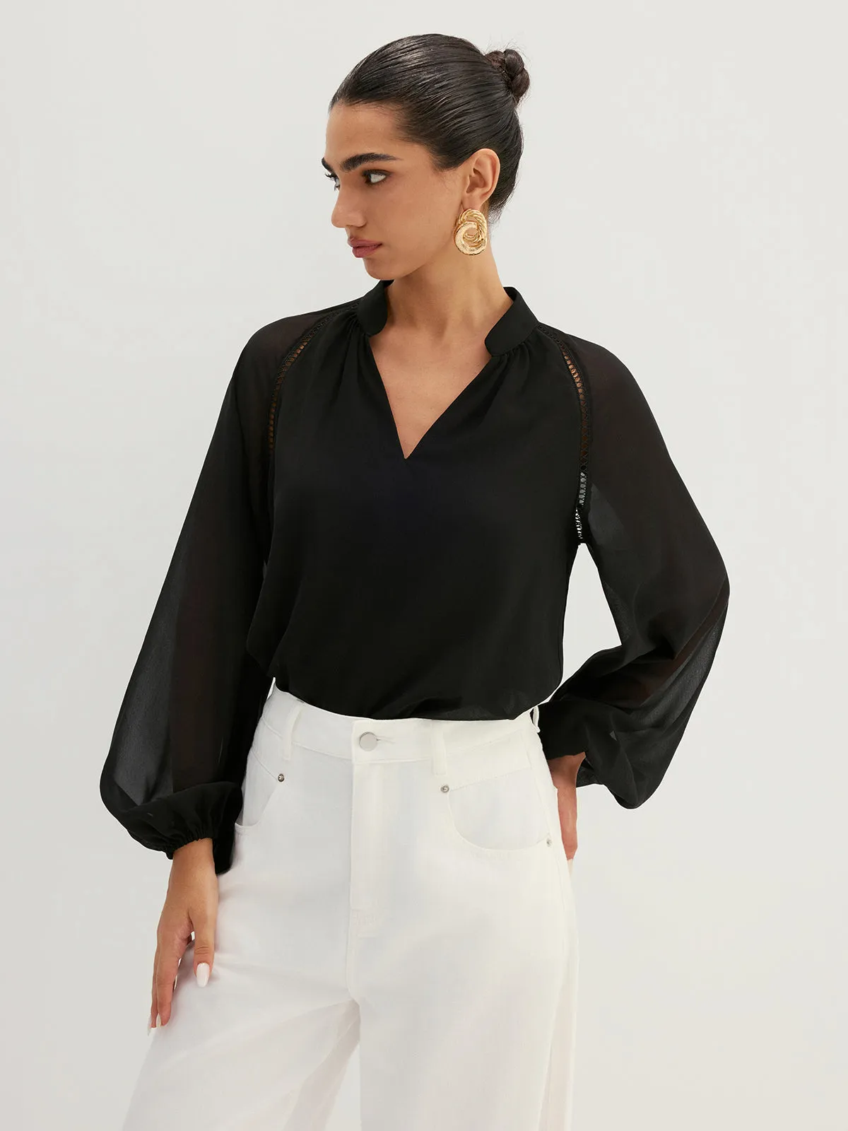 Hollow Out Sheer Sleeve Blouse sold by COMMENSE product image thumbnail 5